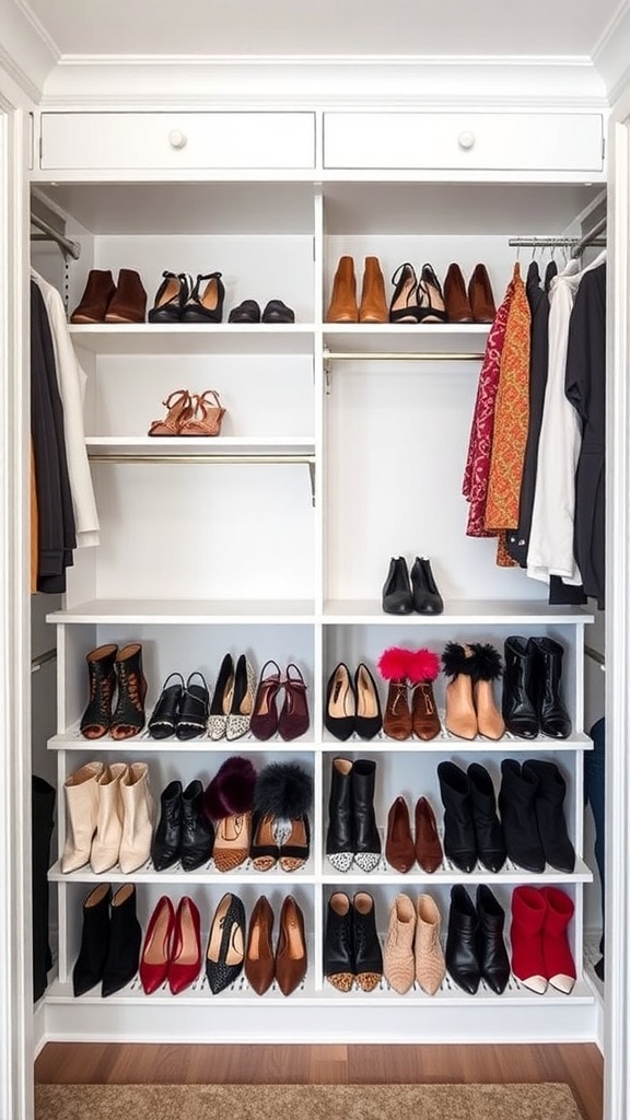 A well-organized shoe rack in a walk-in closet displaying various pairs of shoes on multiple shelves.