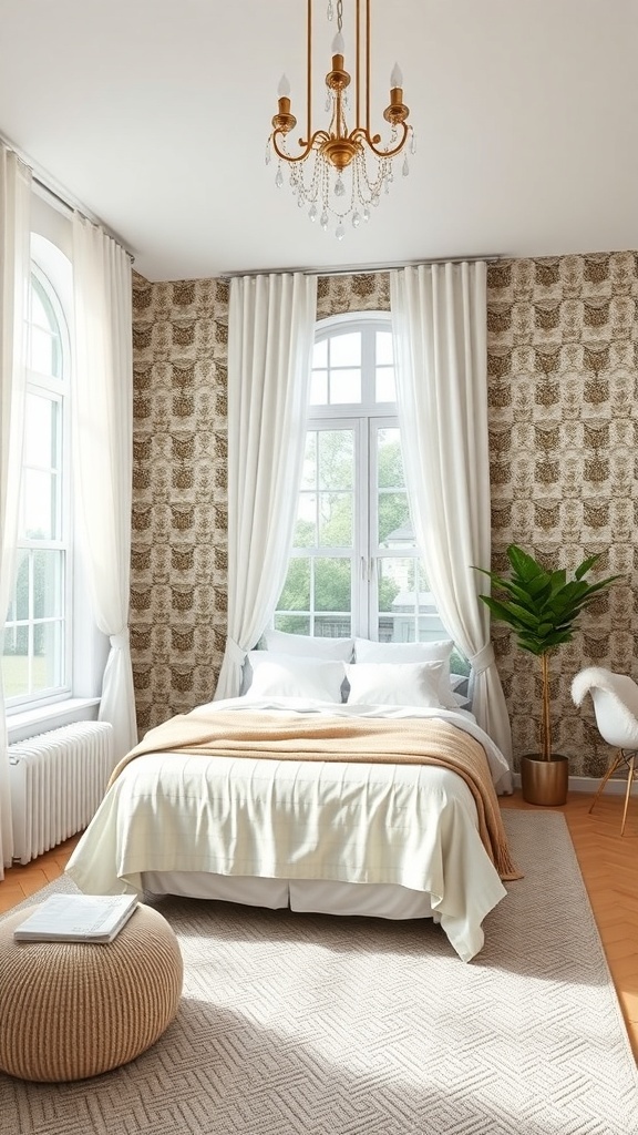 Cozy bedroom featuring a wallpapered feature wall, soft bedding, and elegant lighting.