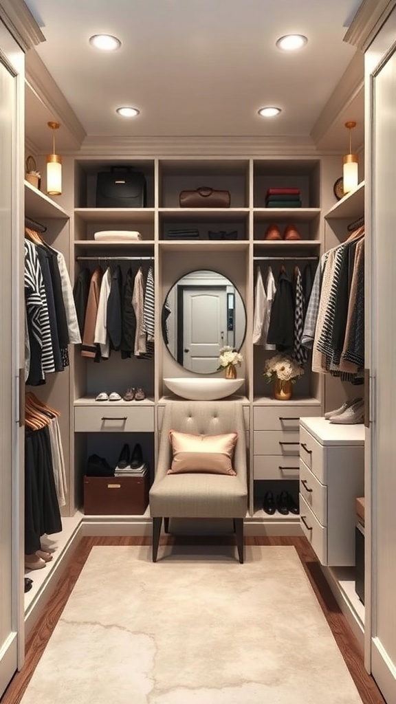 A well-organized walk-in closet featuring neatly hung clothes, a circular mirror, a cozy chair, and ample storage.