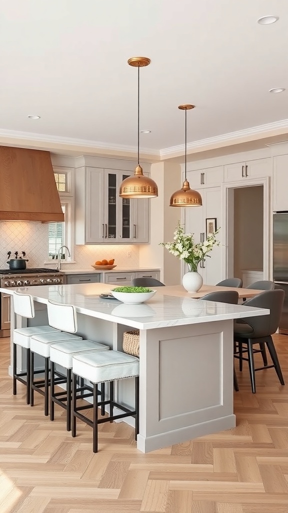 A modern kitchen featuring a functional island with a marble countertop, stylish bar stools, and elegant pendant lights.