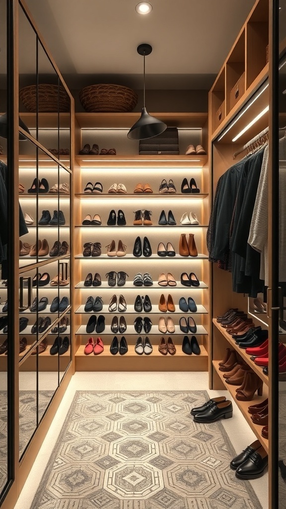 A stylish walk-in closet featuring a functional shoe display with illuminated shelves and a mirror.