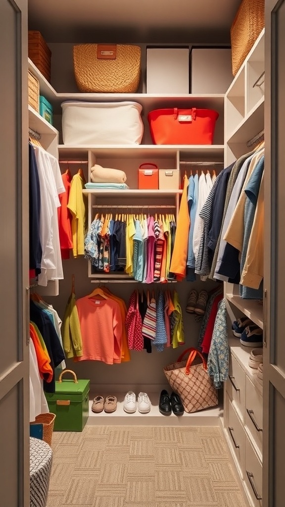 A colorful kids' section in a walk-in closet with neatly organized clothes and storage bins.