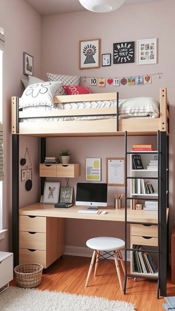 Stylish loft bed with a desk and storage underneath in a teenager's room.
