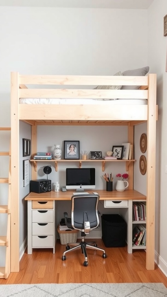 A loft bed with a workspace underneath, featuring a desk, chair, and decorative items.