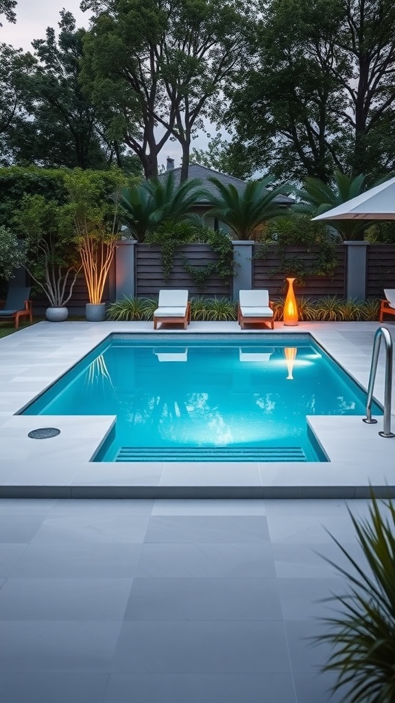 A modern minimalist pool area featuring a sunken above-ground pool, lounge chairs, and surrounding greenery.