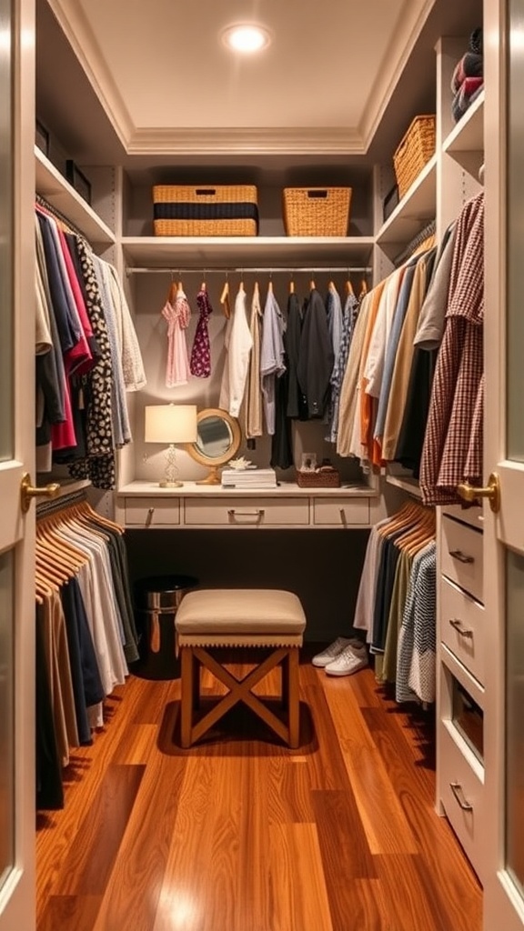A well-organized walk-in closet with clothes on hangers, a bench, and storage baskets.