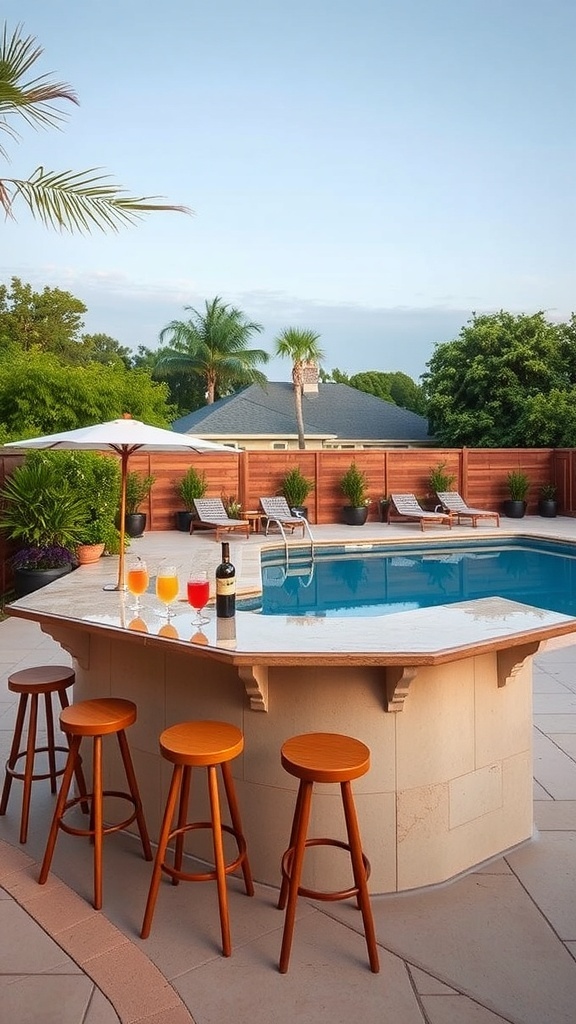 A beautiful poolside bar with colorful drinks and stools, set against a sparkling pool and lush greenery.