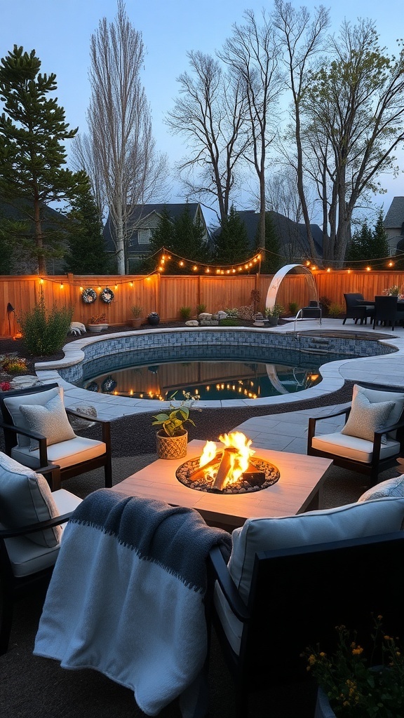 Cozy fire pit area beside a sunken above ground pool with string lights and comfortable seating.