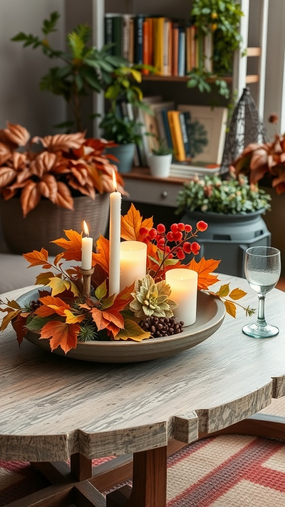 A seasonal centerpiece featuring candles, autumn leaves, and decorative elements on a wooden coffee table.