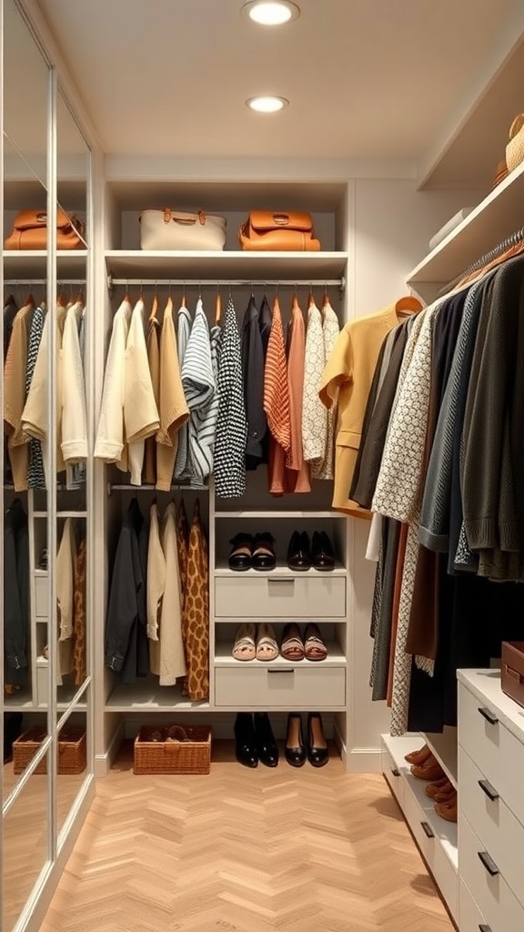 A well-organized walk-in closet featuring a variety of clothing and shoes, perfect for seasonal wardrobe rotation.