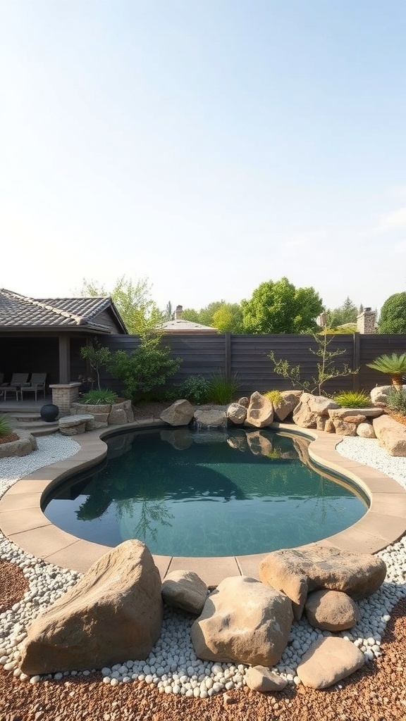 A serene sunken above ground pool surrounded by rocks and greenery, creating a Zen garden atmosphere.