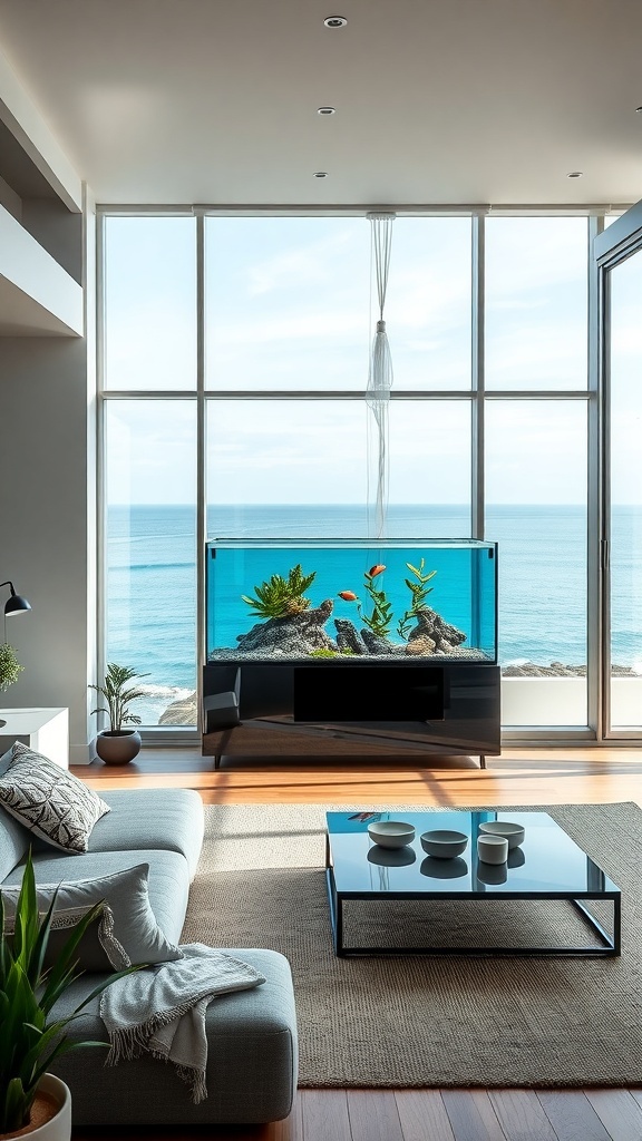 A stylish aquarium in a modern living room with large windows overlooking the ocean.