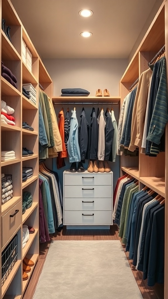 A well-organized walk-in closet with shelves, hanging clothes, and a drawer unit.