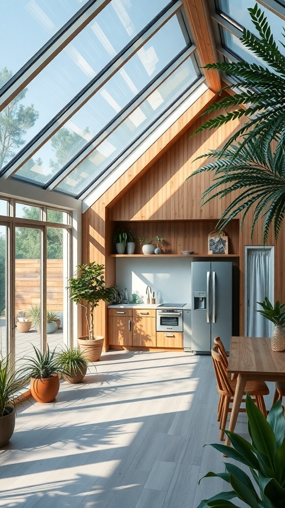 A bright kitchen with large glass windows, wooden cabinets, and plants, showcasing energy efficiency.