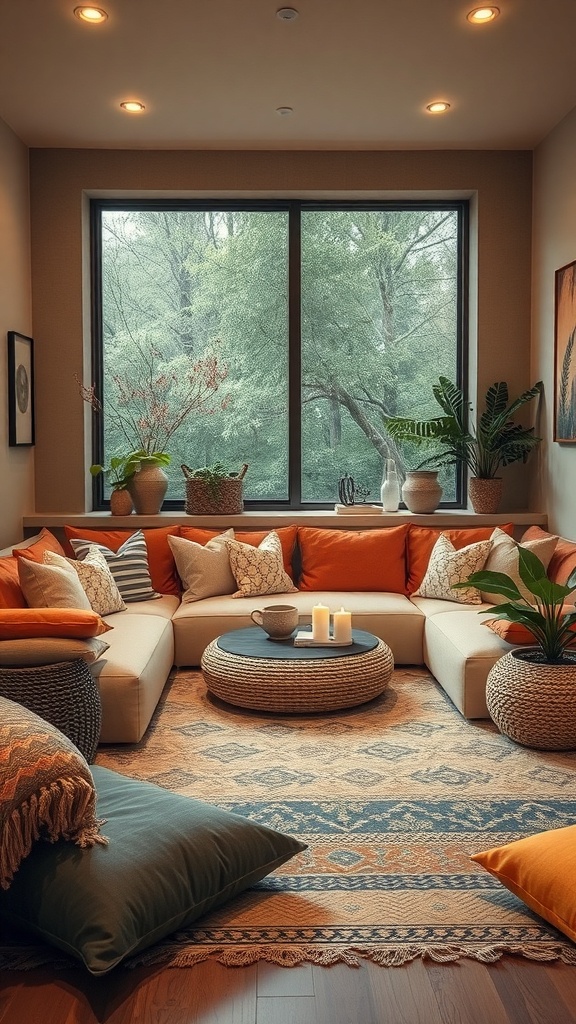 A cozy sunken lounge with cushions, rugs, and soft lighting, surrounded by greenery.
