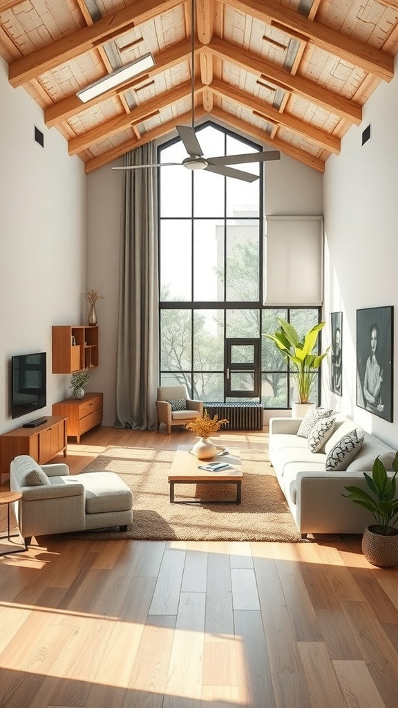 A bright and airy living room with high wooden ceilings, large windows, and comfortable furniture.