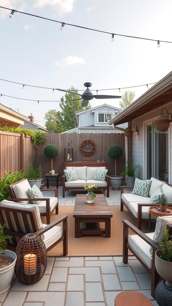 Cozy outdoor patio with wooden furniture, cushions, plants, and string lights