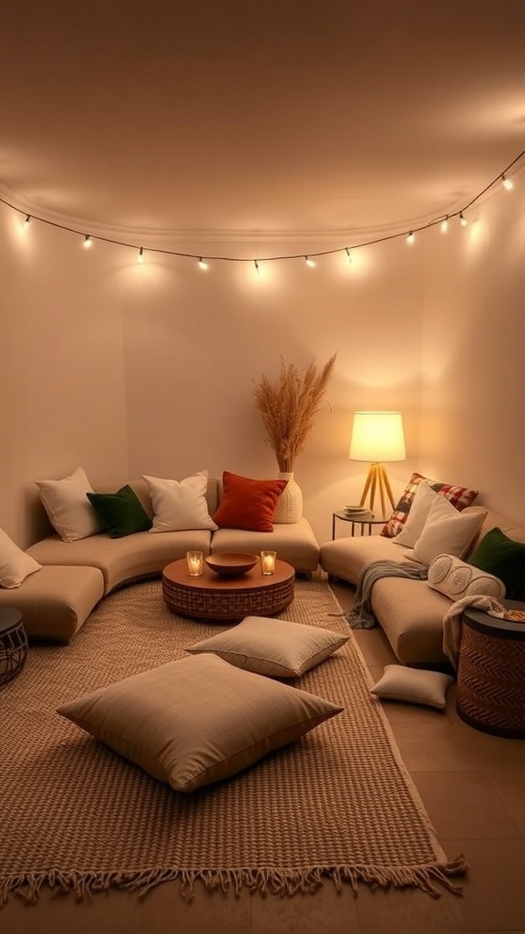 Cozy sunken lounge with cushions, rugs, and soft lighting