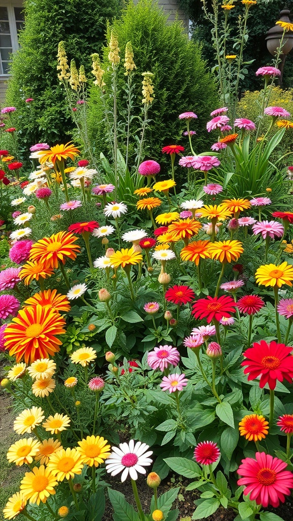 A colorful garden filled with various flowers including yellows, reds, and pinks, showcasing seasonal blooms.