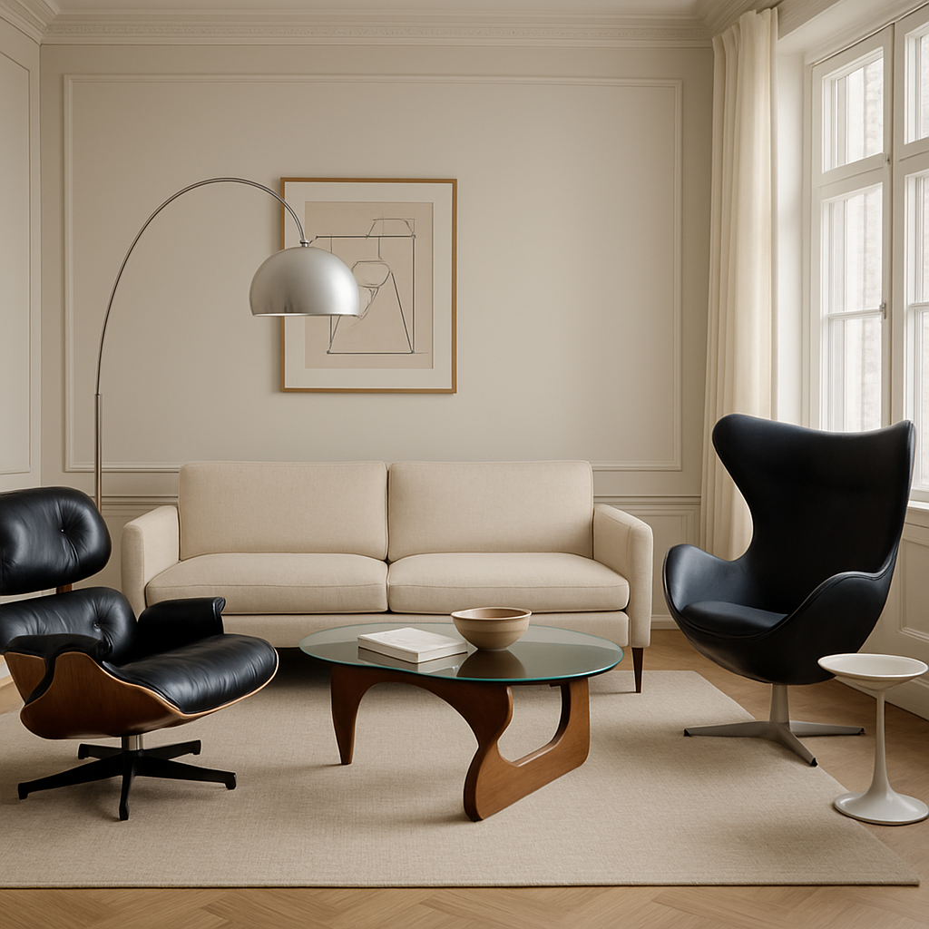 Minimalistisches Wohnzimmer mit hellem Sofa, Couchtisch und eleganter Stehlampe