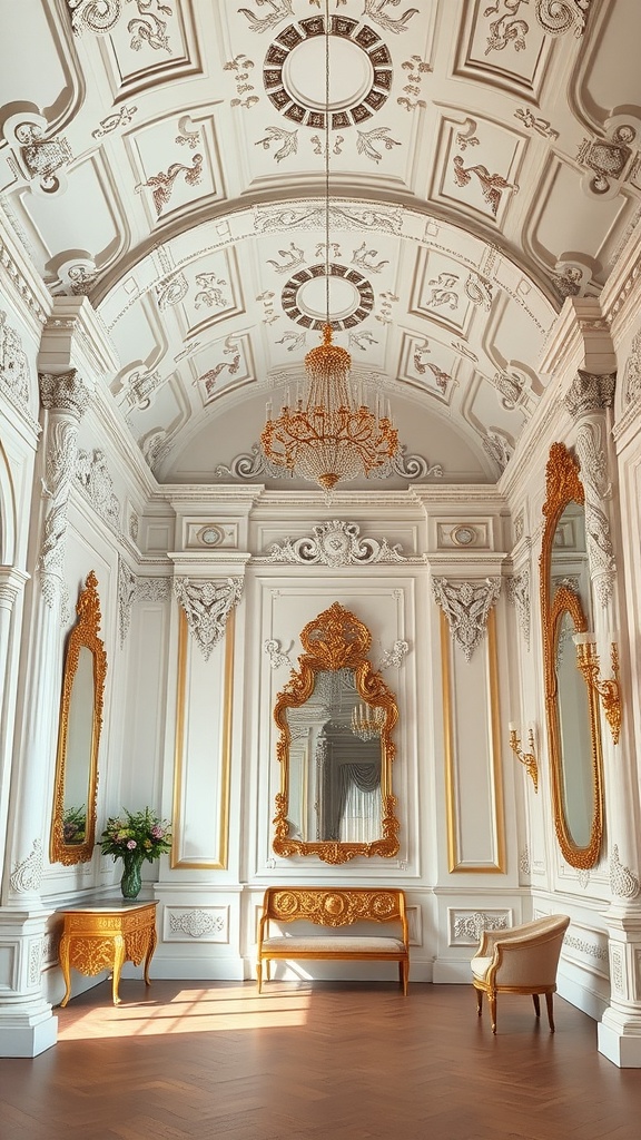 A stunning Rococo interior featuring intricate moldings, a lavish chandelier, and ornate mirrors.