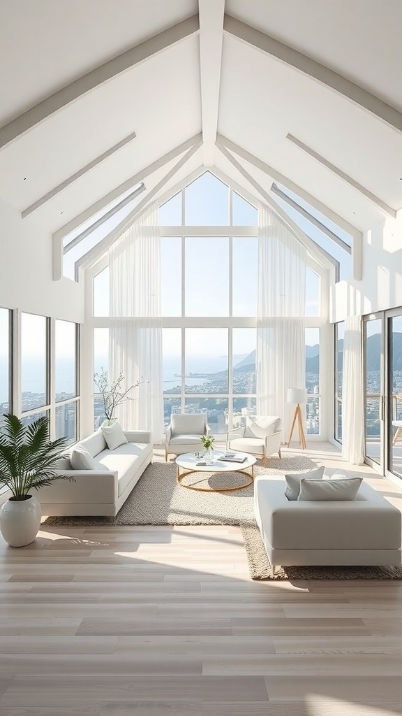 Helles, modernes Wohnzimmer mit großen Fenstern, minimalistischen Möbeln und natürlichem Licht.