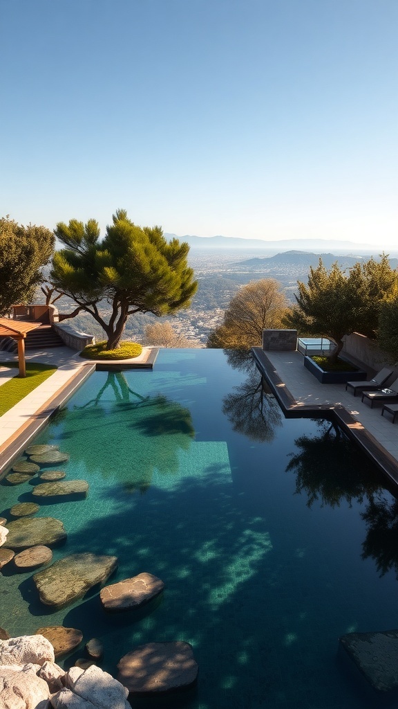 Ein Naturpool mit Blick auf die Landschaft, umgeben von Bäumen und Steinen.
