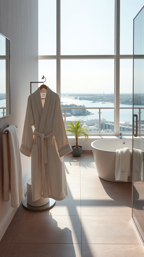 Ein modernes Badezimmer mit großen Fenstern, einem Bademantel und einer Badewanne mit Blick auf die Stadt.
