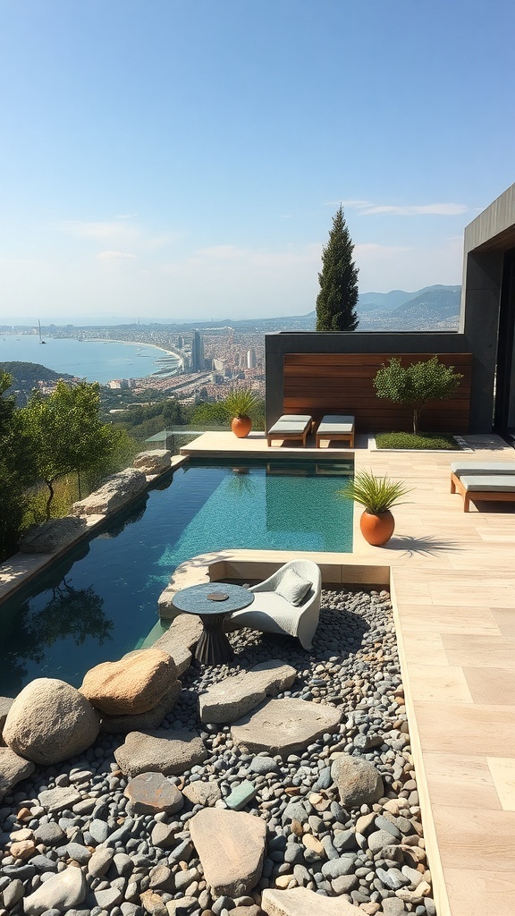 Ein moderner Naturpool mit Steinen und Holz, umgeben von einer schönen Landschaft.