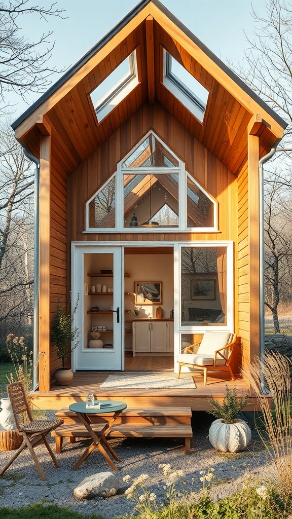 Ein modernes Tiny House mit Holzfassade und großen Fenstern, umgeben von Natur.