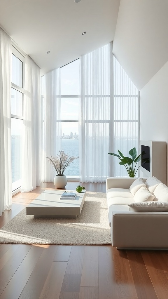 Heller minimalistischer Wohnraum mit großen Fenstern und Pflanzen