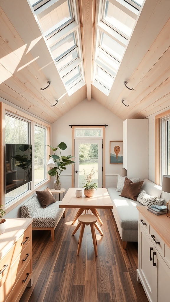 Helles Wohnzimmer in einem Tiny House mit großen Fenstern und Dachfenstern