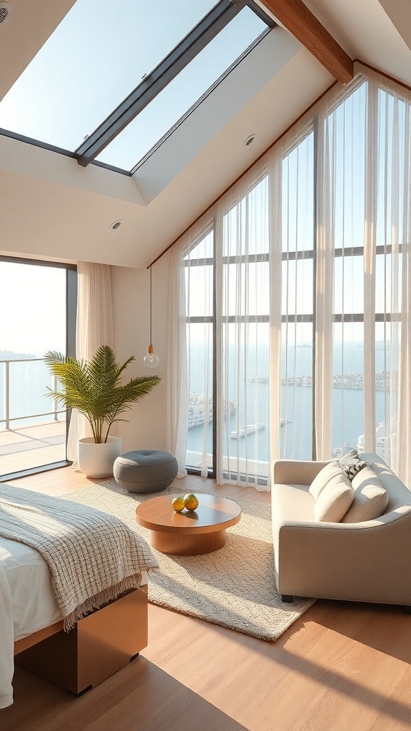 Minimalistisches Wohnkonzept mit viel natürlichem Licht, großen Fenstern und modernen Möbeln.
