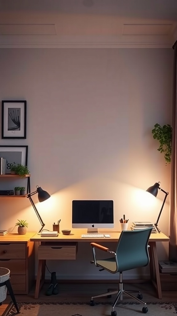 A cozy workspace with dimmable lights illuminating a desk and computer.