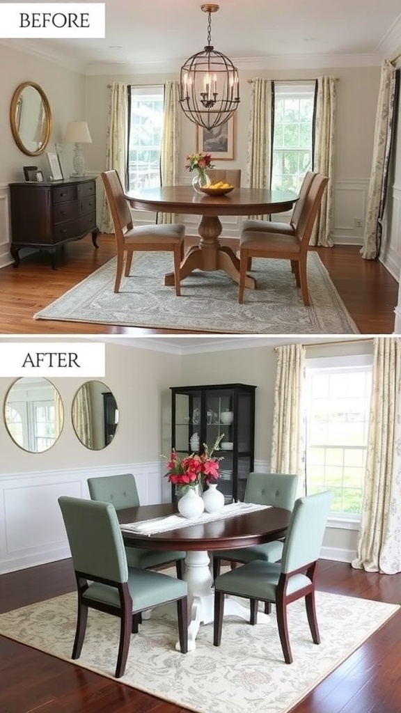 Before and after images of a dining room makeover, showcasing a transformation from a dated look to a stylish and inviting space.