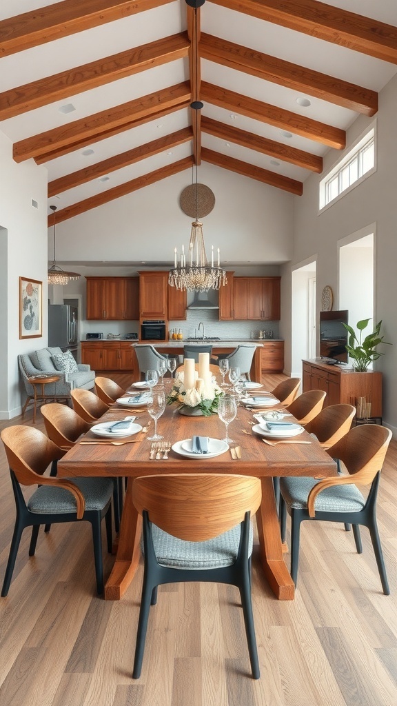 A spacious dining area featuring a large wooden table surrounded by stylish chairs, with high ceilings and elegant lighting.