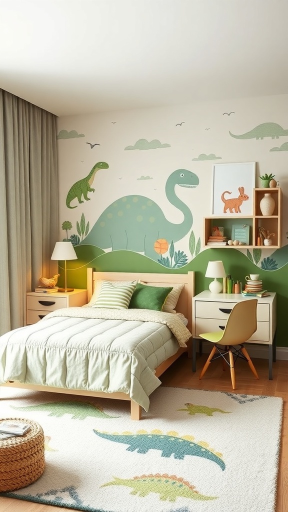 A kids bedroom decorated with dinosaur murals, featuring a cozy bed, playful rug, and stylish furniture.