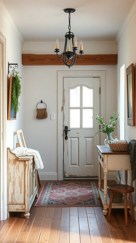 Cozy entryway with distressed finishes, featuring a vintage rug, weathered furniture, and a light fixture.
