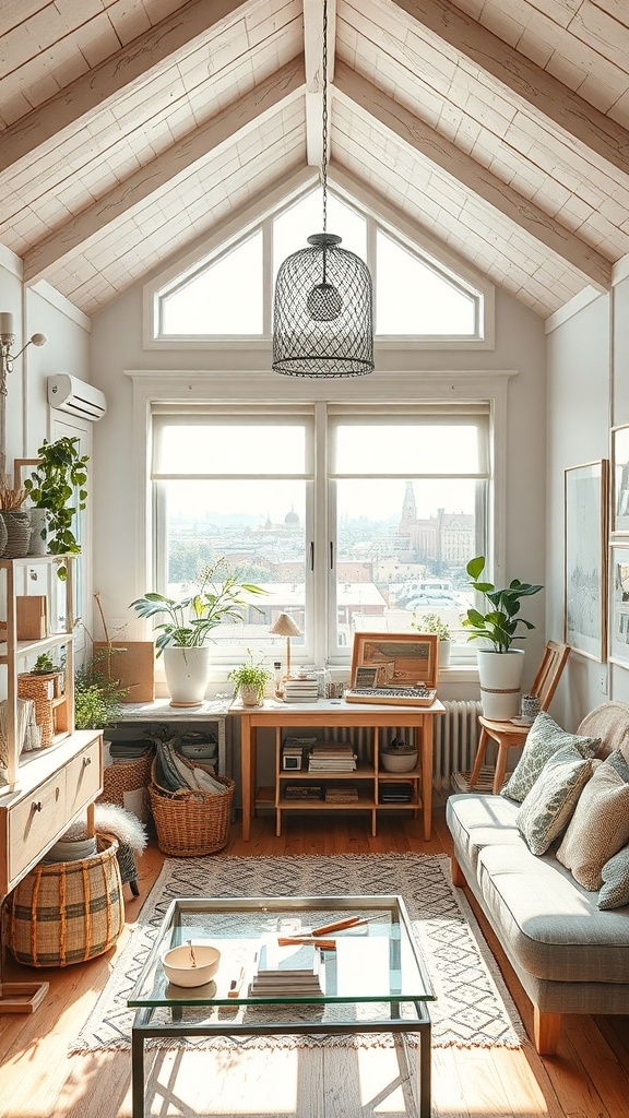 Ein gemütlicher Raum mit großen Fenstern, Pflanzen und rustikalem Boho-Charme.