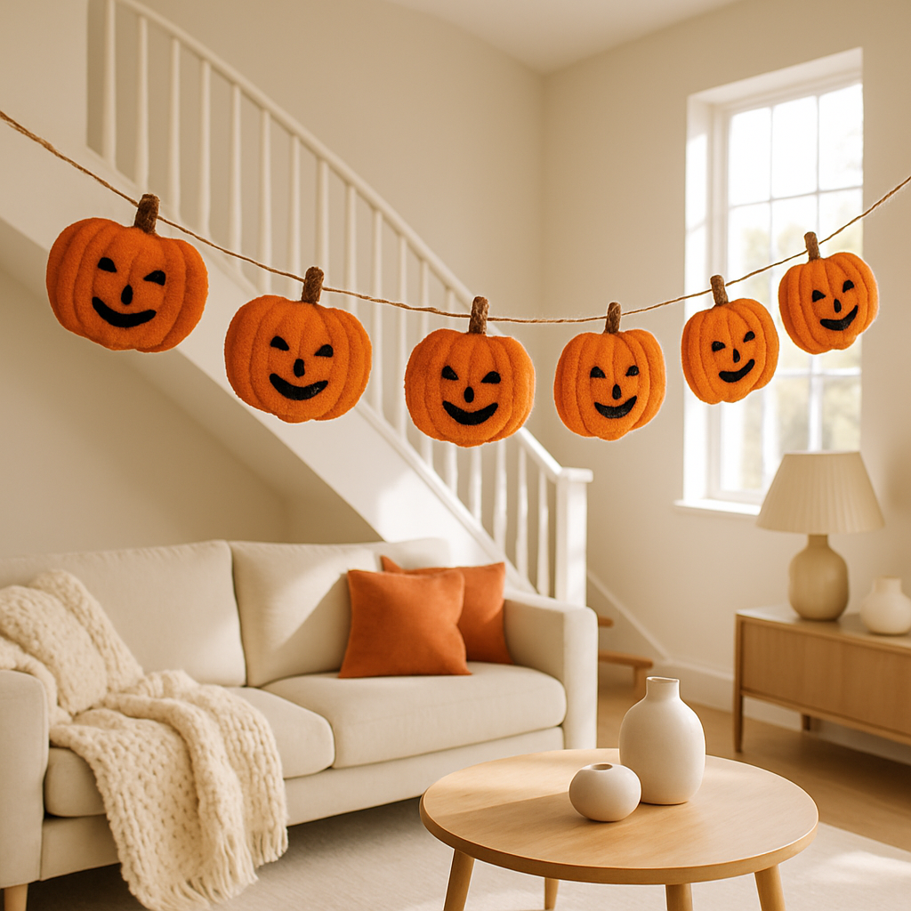 DIY-Pumpkin-Girlande mit orangefarbenen Kürbissen in einem Wohnzimmer