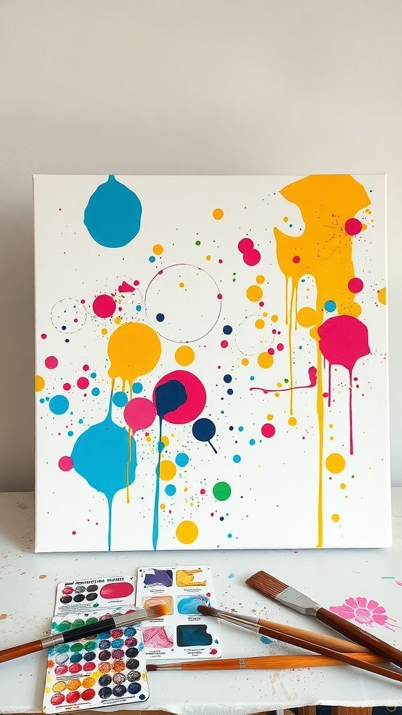 A colorful abstract canvas painting with splashes of blue, yellow, pink, and orange, surrounded by paint supplies.