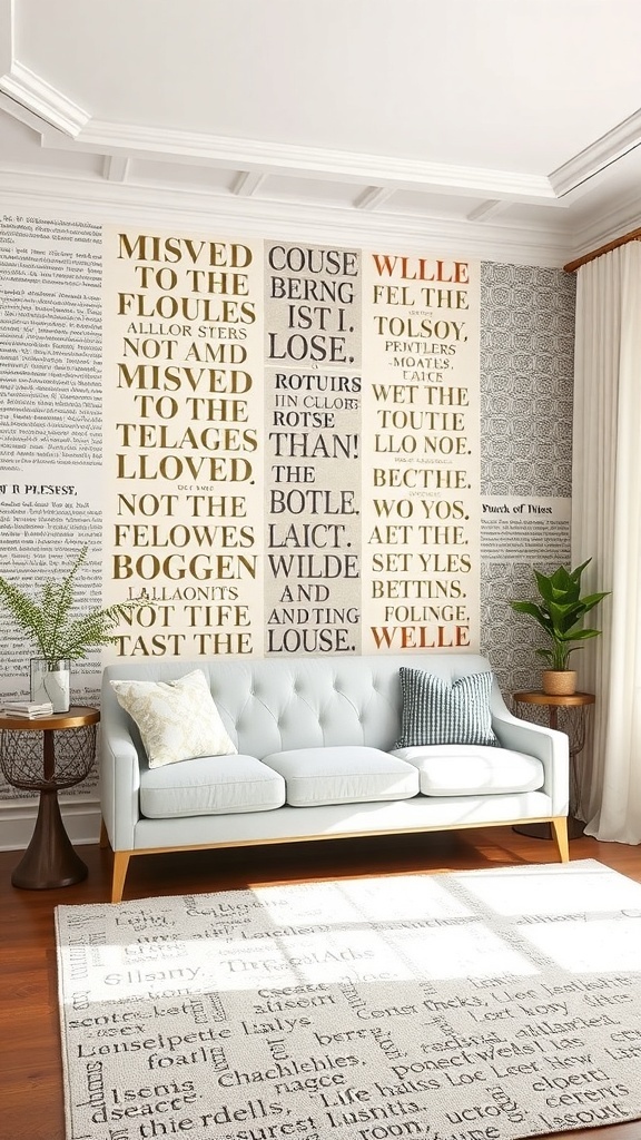A modern living room featuring a unique accent wall with typography and patterns, complemented by a stylish sofa.