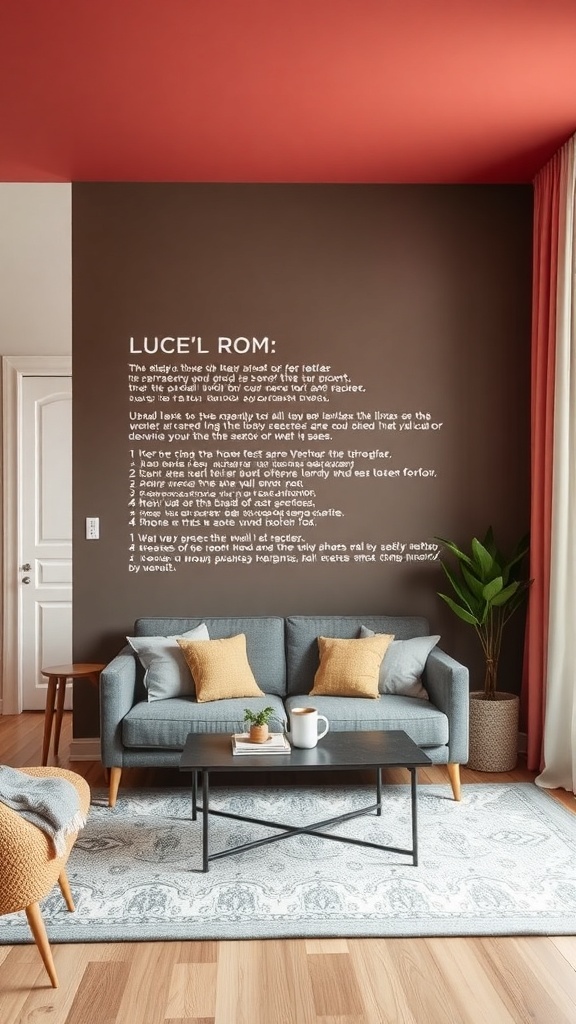 A cozy living room featuring a dark accent wall with white text, a red ceiling, and stylish furniture.