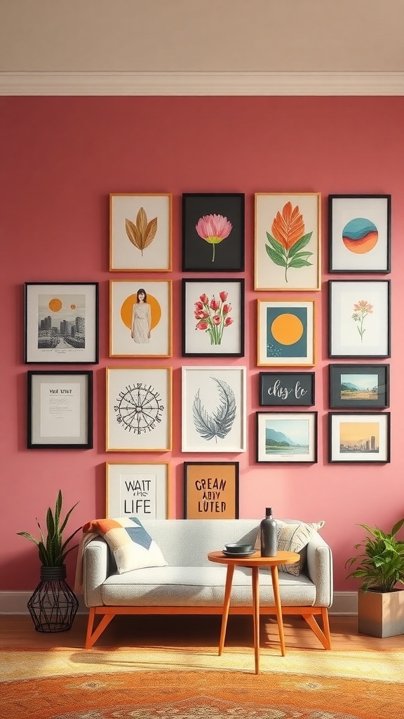 A cozy living room with a gallery wall featuring various framed artworks on a pink wall.