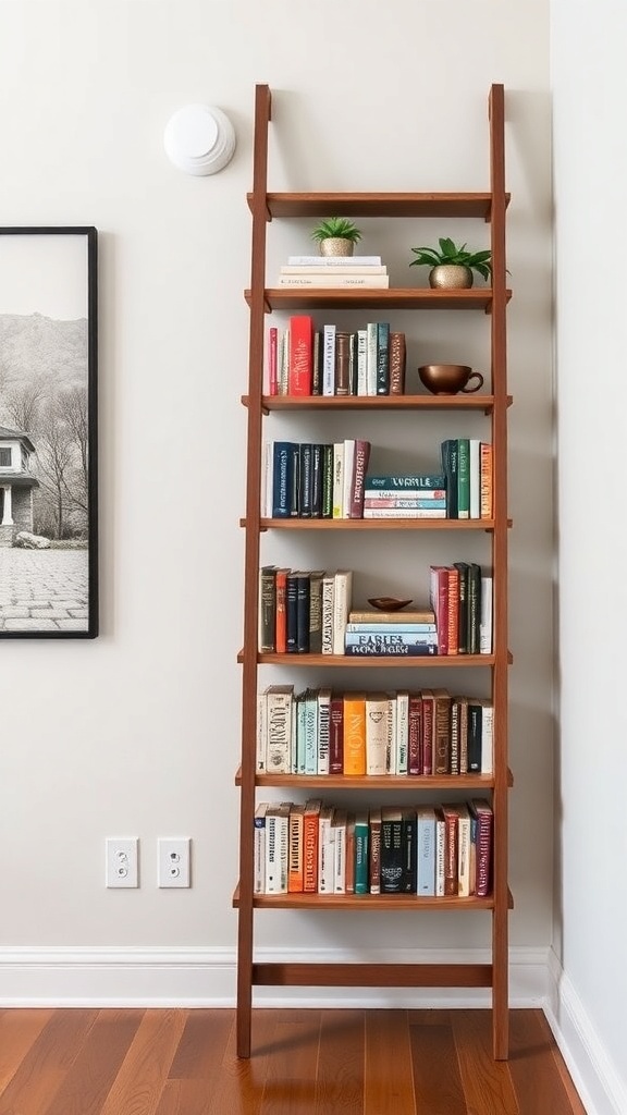 A wooden DIY book ladder bookshelf against a wall, displaying various books and decorative items.