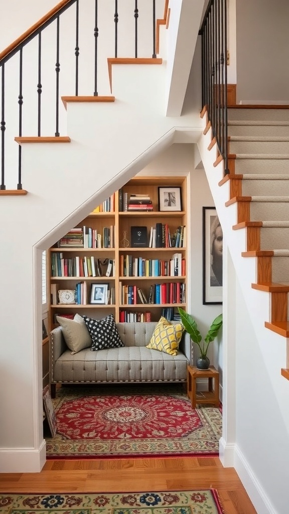 Cozy book nook under the stairs with a sofa, bookshelf, and decorative rugs.