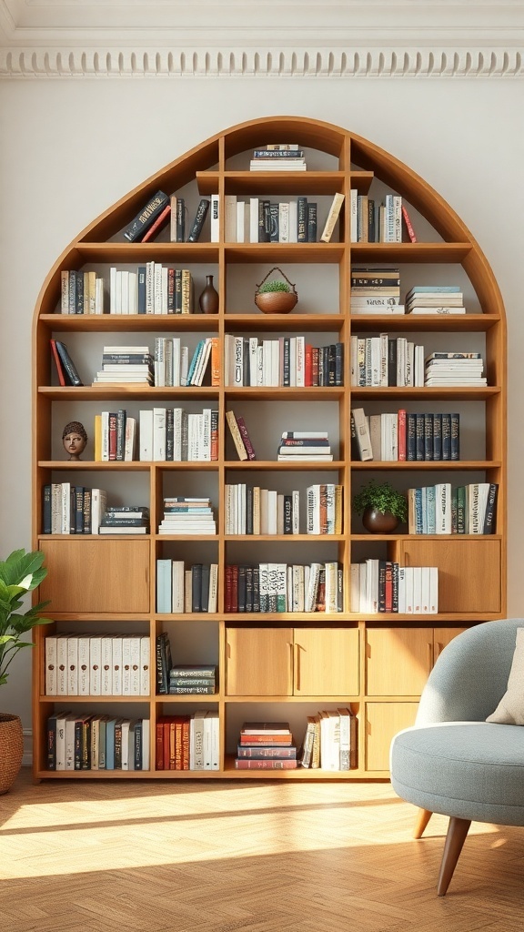 Stylish DIY bookshelf with an arch design, featuring books and decorative items.