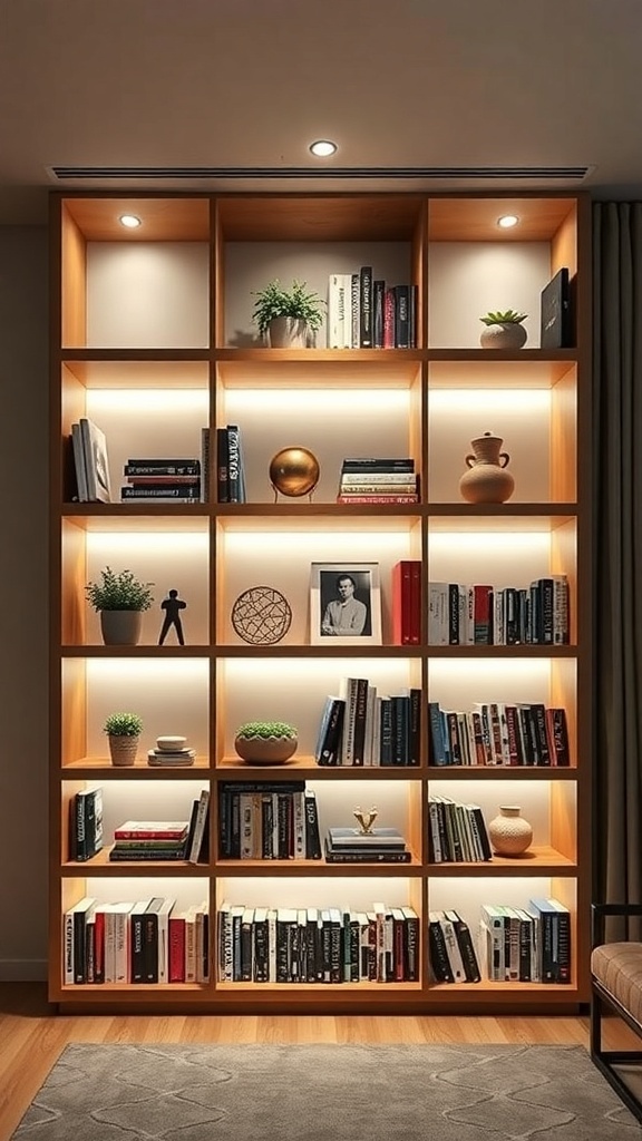 A modern DIY bookshelf with built-in lighting, showcasing books and decorative items.