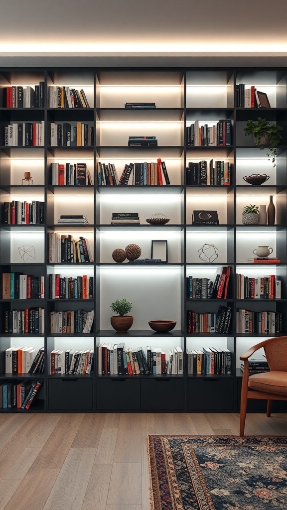 A modern bookshelf with built-in lighting, showcasing books and decorative items.