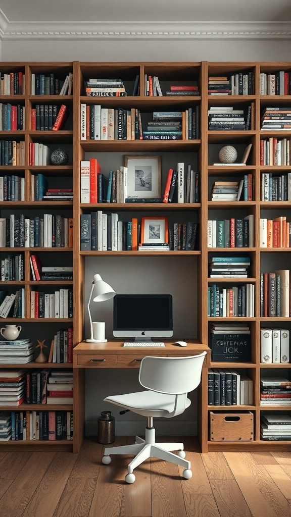 A stylish DIY bookshelf with an integrated desk, featuring shelves filled with books and a workspace with a computer and lamp.
